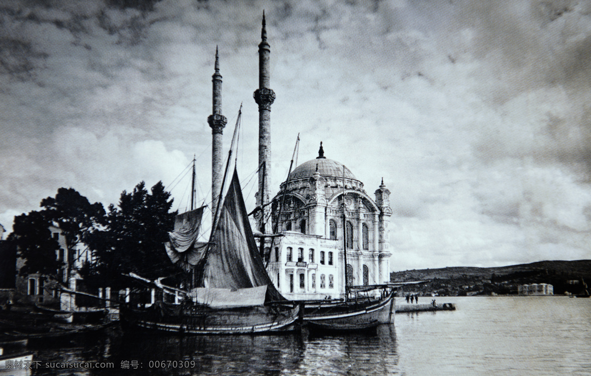 黑白 清真寺 海面 风景 土耳其风景 伊斯坦布尔 游船 游艇 蓝色清真寺 建筑风景 城市风景 美丽风景 其他风光 自然景观 城市风光 环境家居