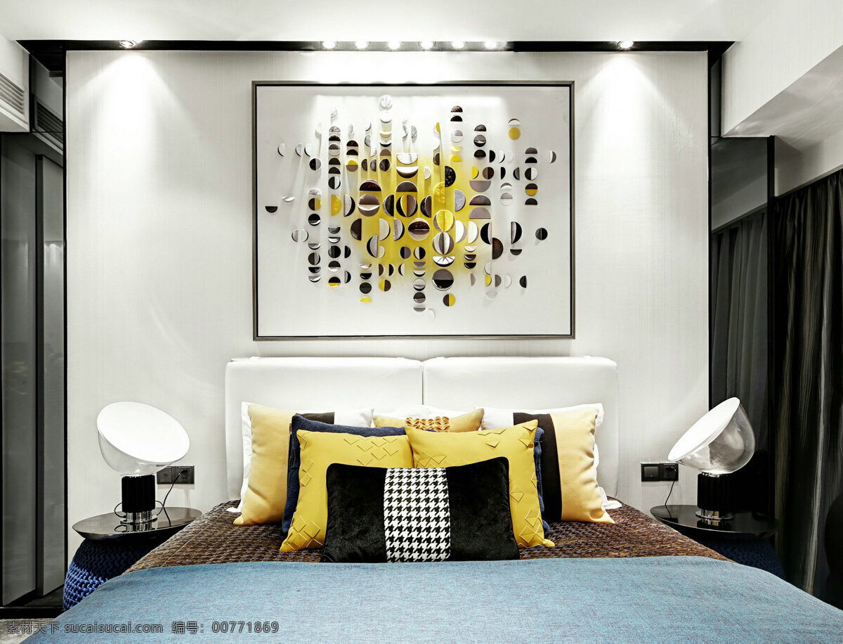 现代 时尚 感 卧室 壁画 效果图 台灯 床铺 灰色窗帘