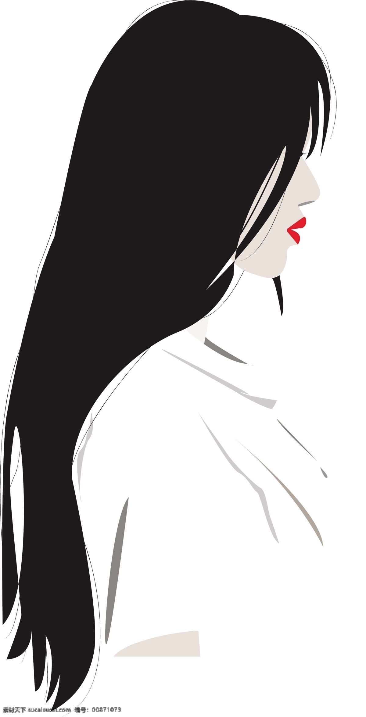 黑色 头发 侧 颜 女子 头像 人物 水彩 侧脸 红唇 衬衣 长发 少女 插画 美女