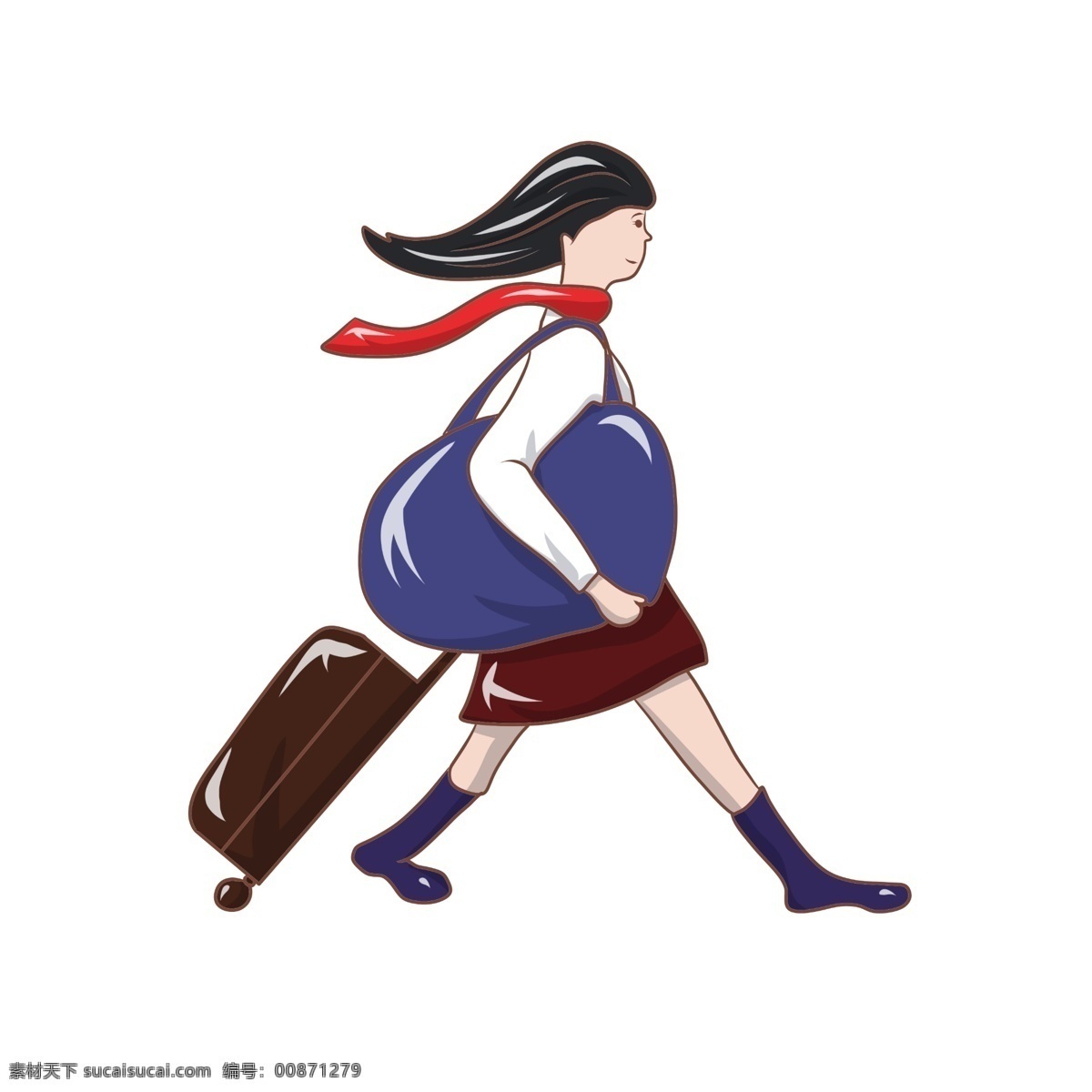 拉 行李箱 女孩 插画 穿裙子的女孩 回家的女孩 快步走的女孩 棕色的拉杆箱 长黑发的女孩 背 大 包包