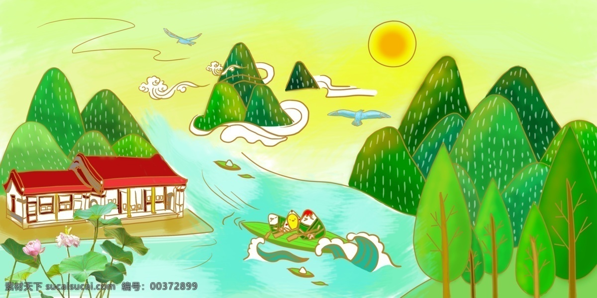 夏日 端午 节日 手绘 森林 绿色树木 荷花 赛龙舟 手绘背景 活动页面