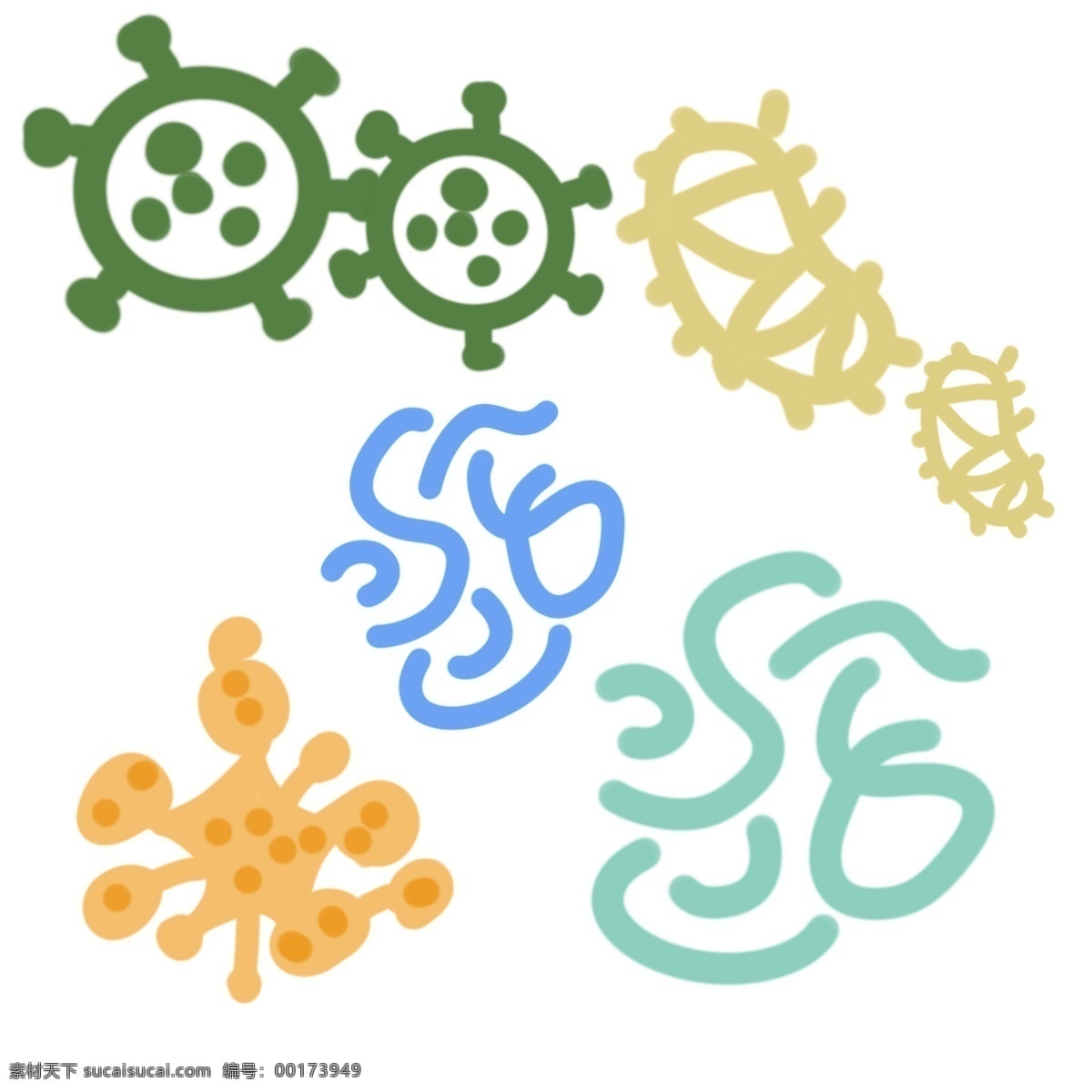 各式 细菌 创意 插画 各式细菌插画 黄色 蓝色杆菌 条形细菌 绿色球菌 生物细菌 卡通细菌插画