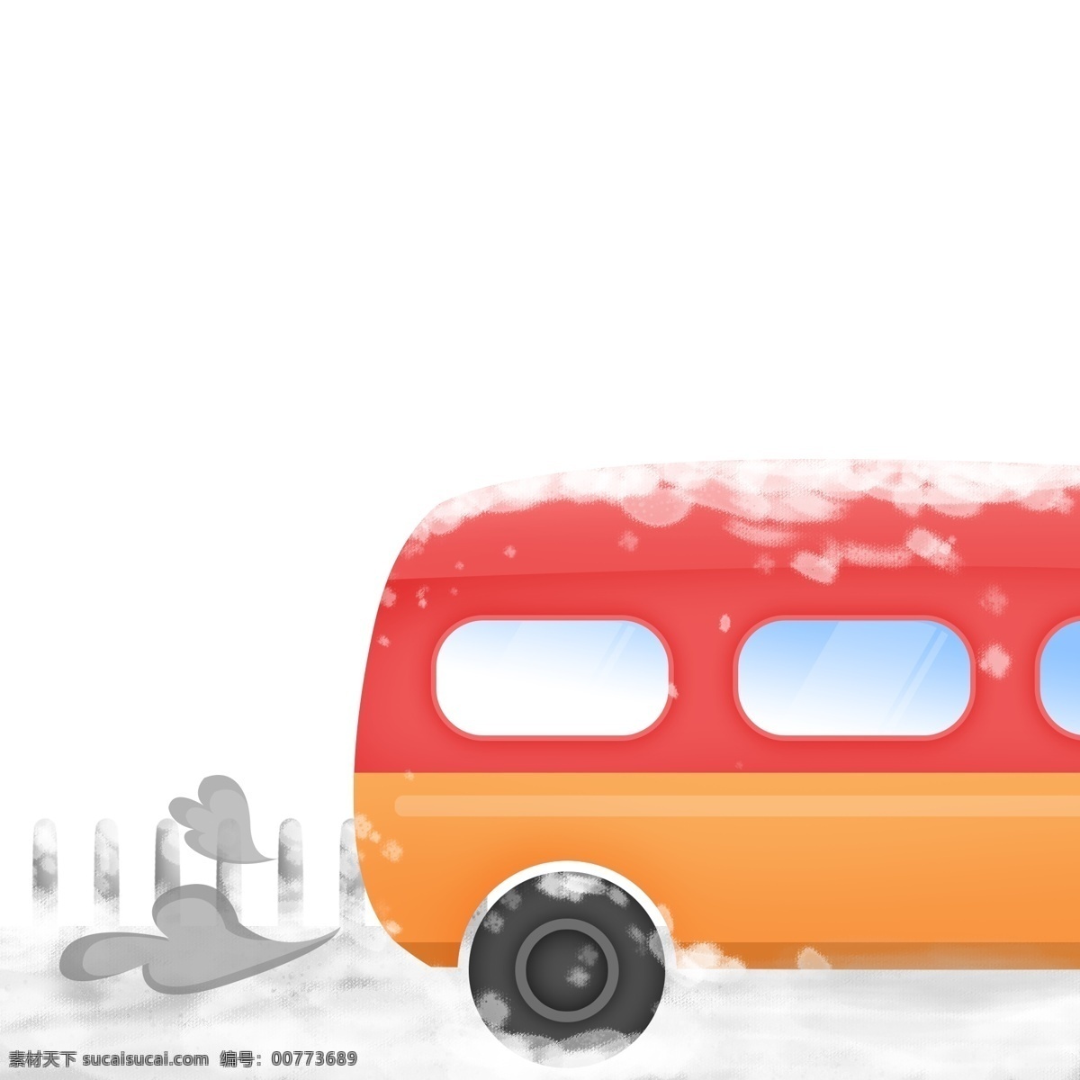 汽车 开走 手绘 插画 尾气 路 下雪 雪路 雪 雪中 马路 公交车 公共汽车 巴士
