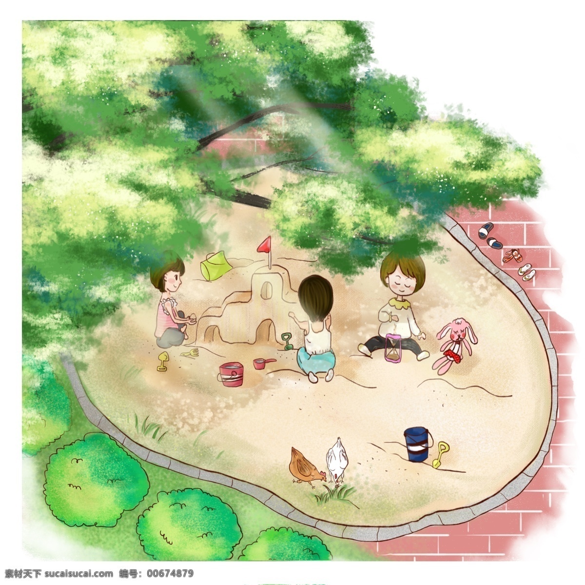 夏日 清新 可爱 风 儿童 玩耍 沙 池 小 场景 元素 夏天 小清新 可爱风 小朋友 玩耍场景 沙池 沙坑 黄色 绿色 装饰图案