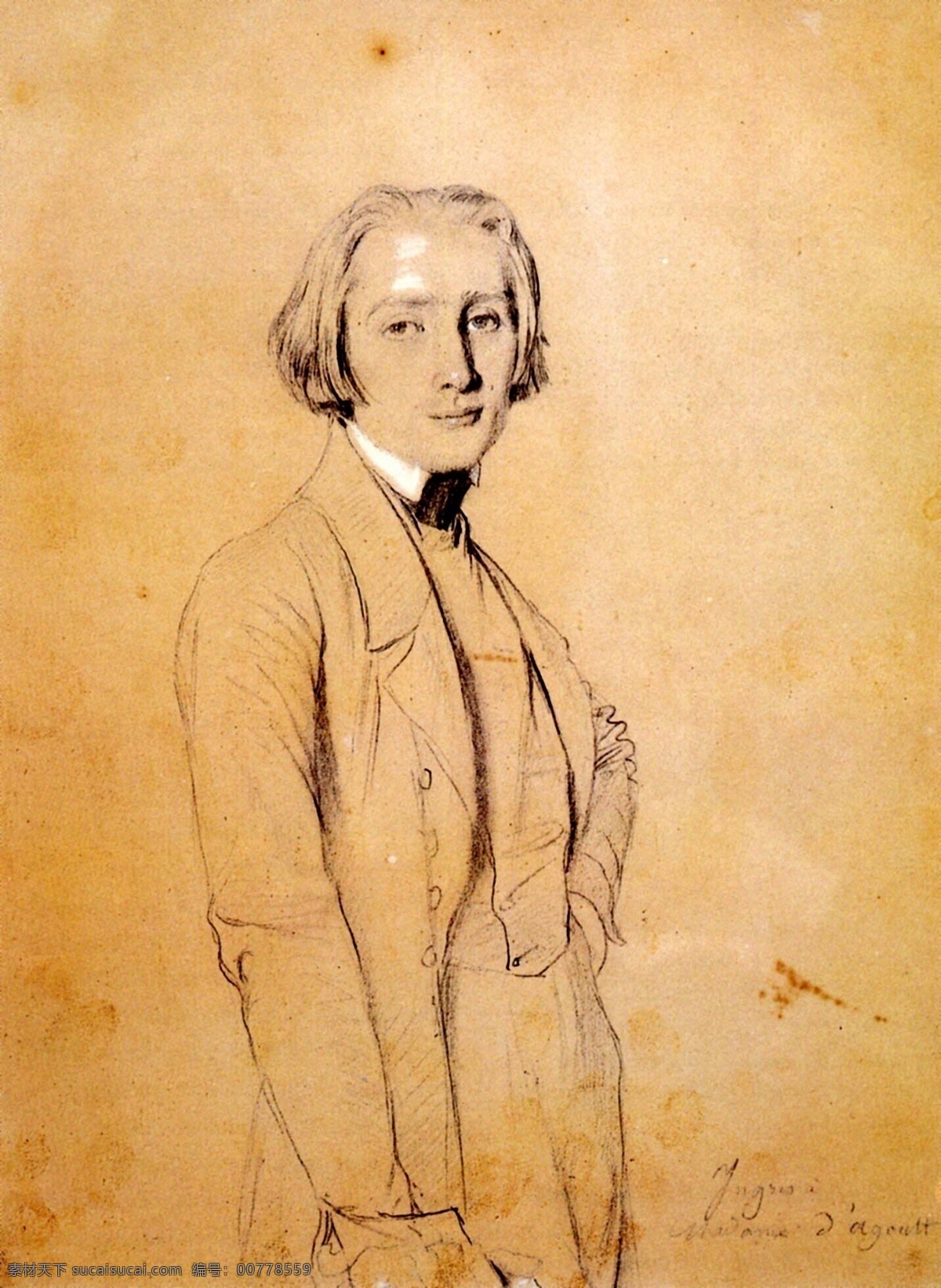 安格尔素描画 欧洲 人物画 设计素材 人物肖像 素描速写 书画美术 黄色