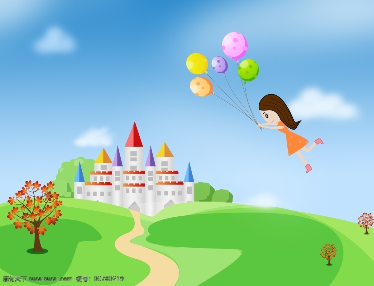 女孩 飞 梦想 城堡 卡通画 矢量图 卡通 气球 绿色