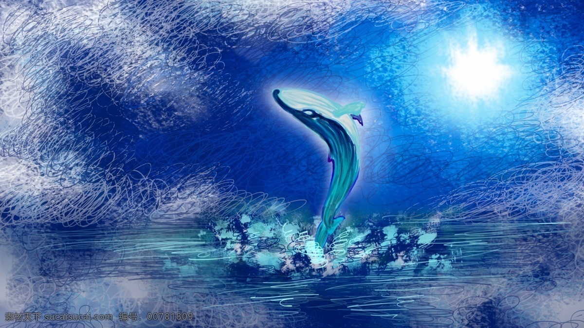 海蓝 时见 鲸 海面 上 鲸鱼 治愈 系 太阳 海蓝时见鲸 治愈系 线圈插画