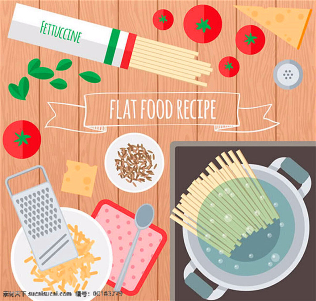 意大利面食谱 擦丝器 奶酪 西红柿 面条 意大利面 勺子 锅 沸水 木板 食物 食谱 矢量图