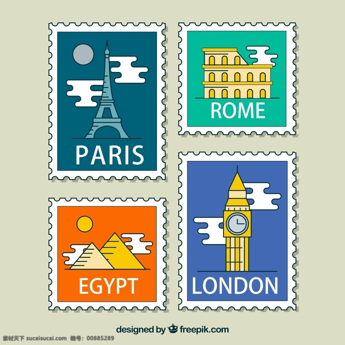 世界 旅行 邮票 埃菲尔铁塔 金字塔 云朵 矢量 高清图片