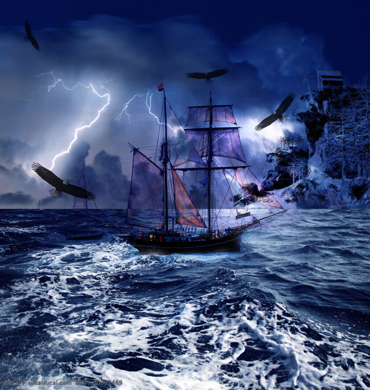 梦幻海景 海景 夜景 科幻 海啸 海鸥 船只 自然风光 自然景观