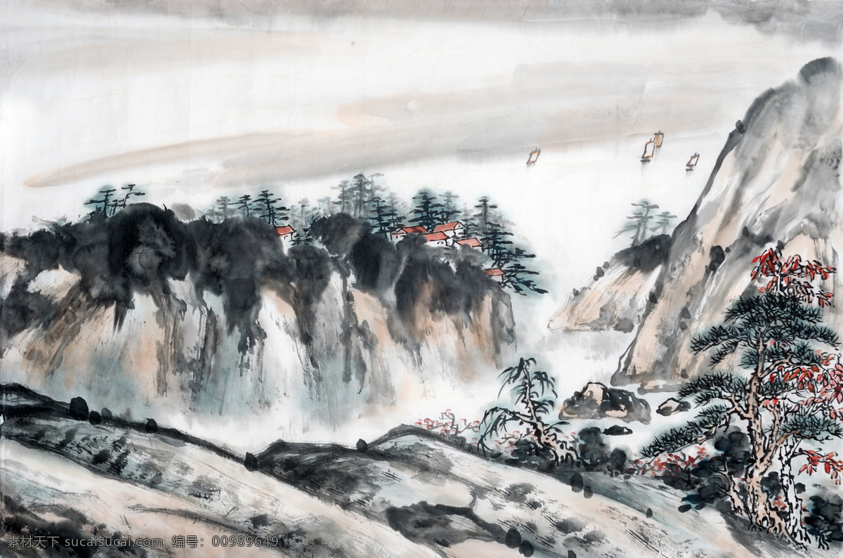 山水 水墨国画 水墨 国画 水墨画 山脉 松树 毛笔画 船 绘画书法 文化艺术