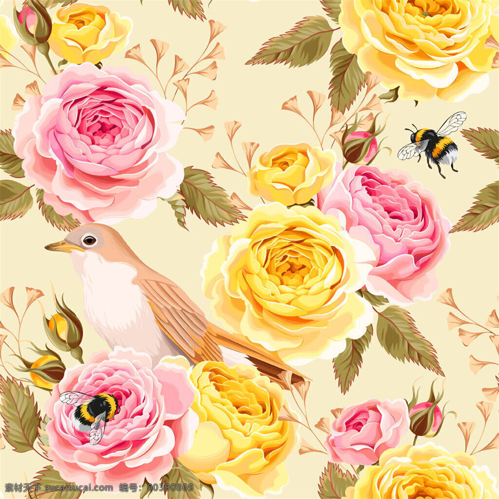 黄花 粉色 花朵 图案 广告 背景 背景素材 素材免费下载 黄色 鲜花 蜜蜂 小鸟
