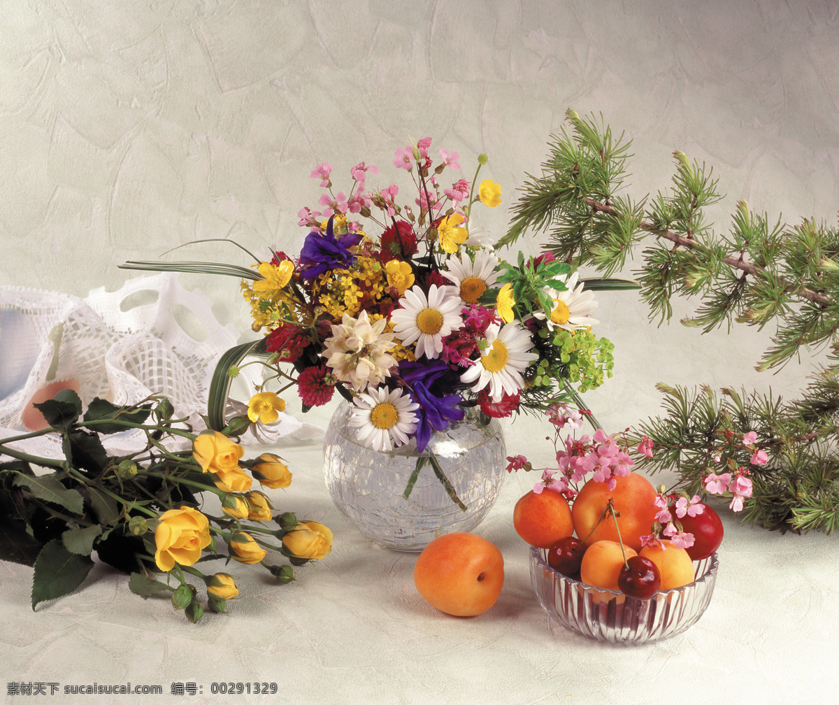静物摄影 花 花瓶 插花 水果 松枝 生物世界 花草 摄影图库