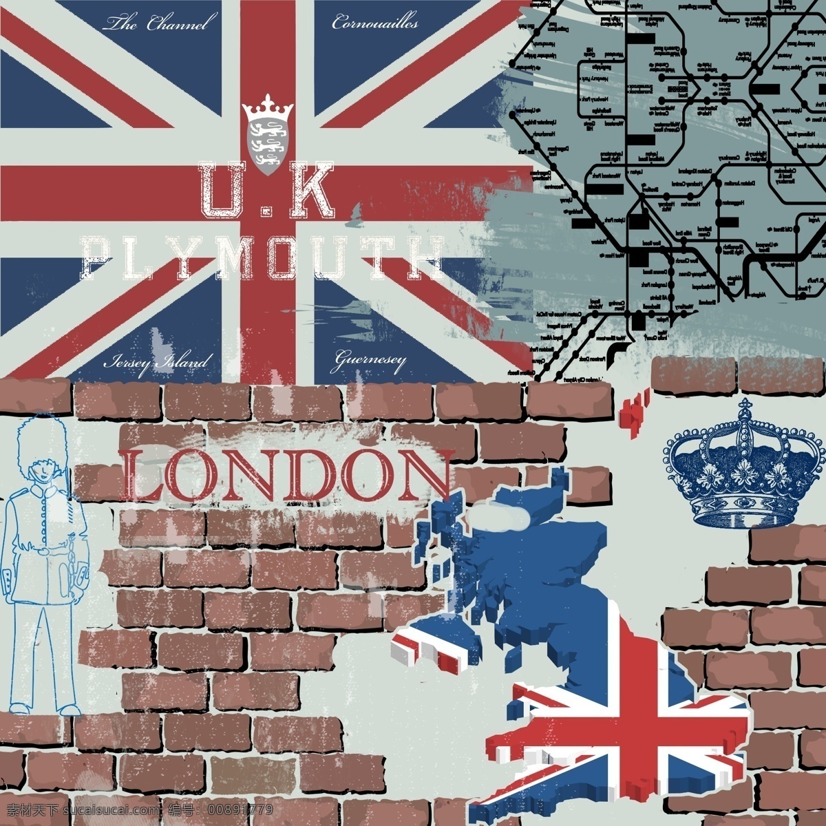 英国 旗 复古 背景 底纹 地图 国旗 红砖 涂鸦 海报 psd源文件