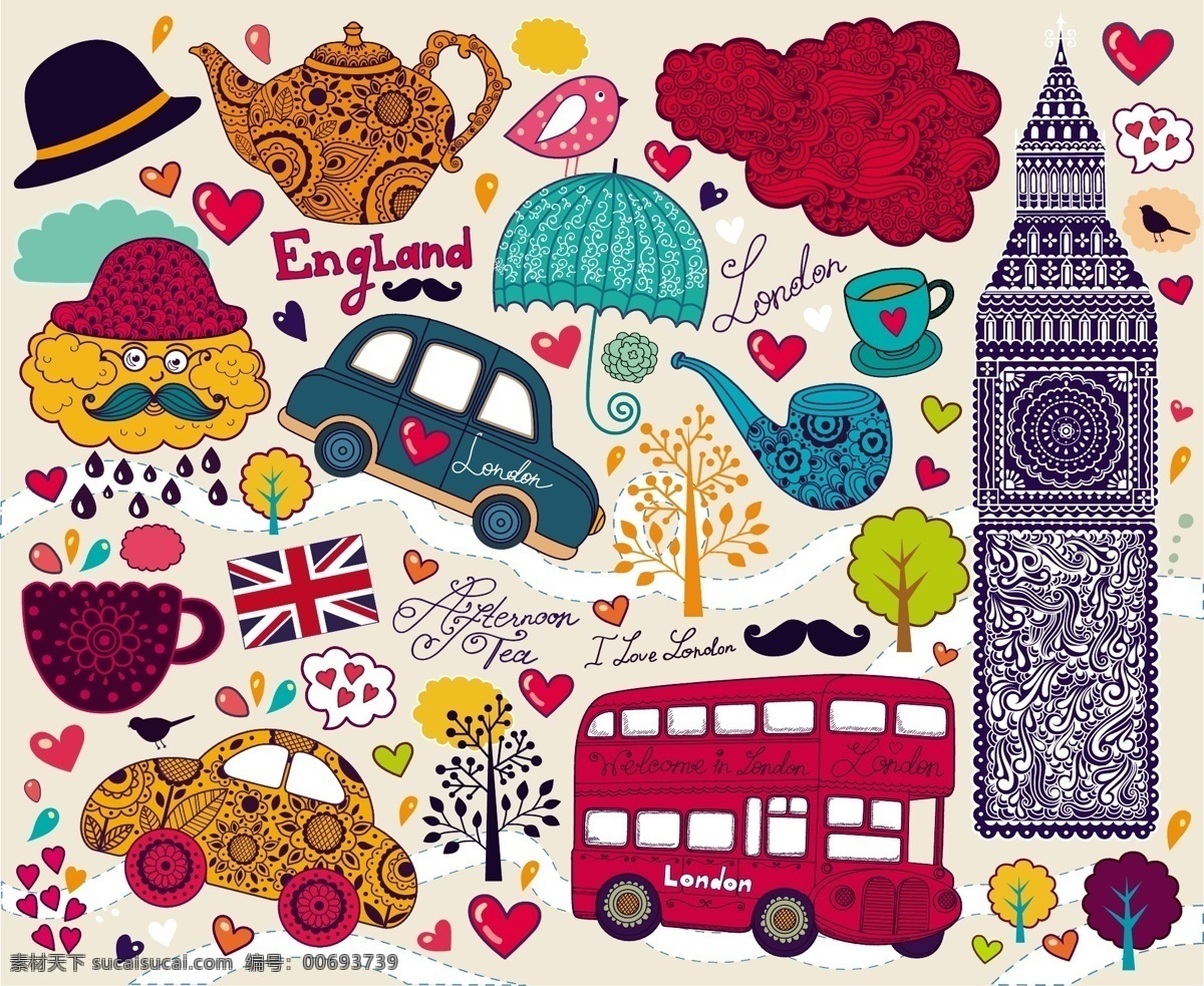时尚伦敦插画 矢量素材 咖啡 茶壶 卡通汽车 烟斗 伦敦插画 英国主题 英伦风 大本钟 双层巴士 eps格式