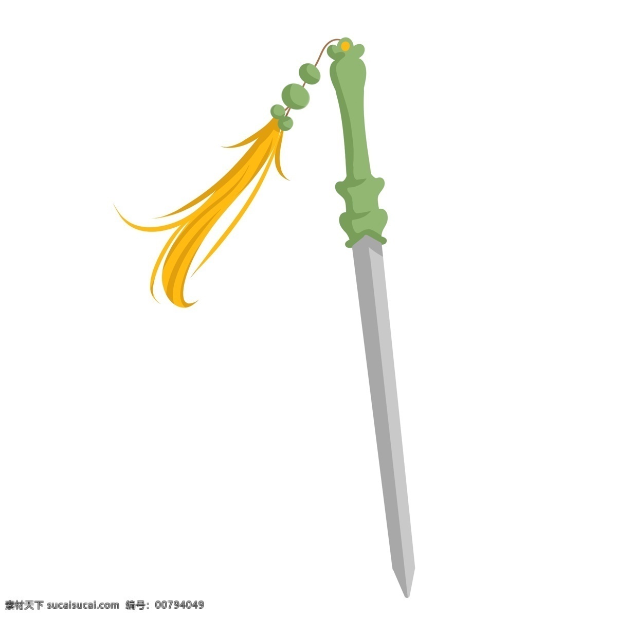 手绘 锋利 宝剑 插画 锋利的宝剑 卡通插画 黄色的吊穗 绿色的剑把 长长的宝剑 手绘宝剑插画