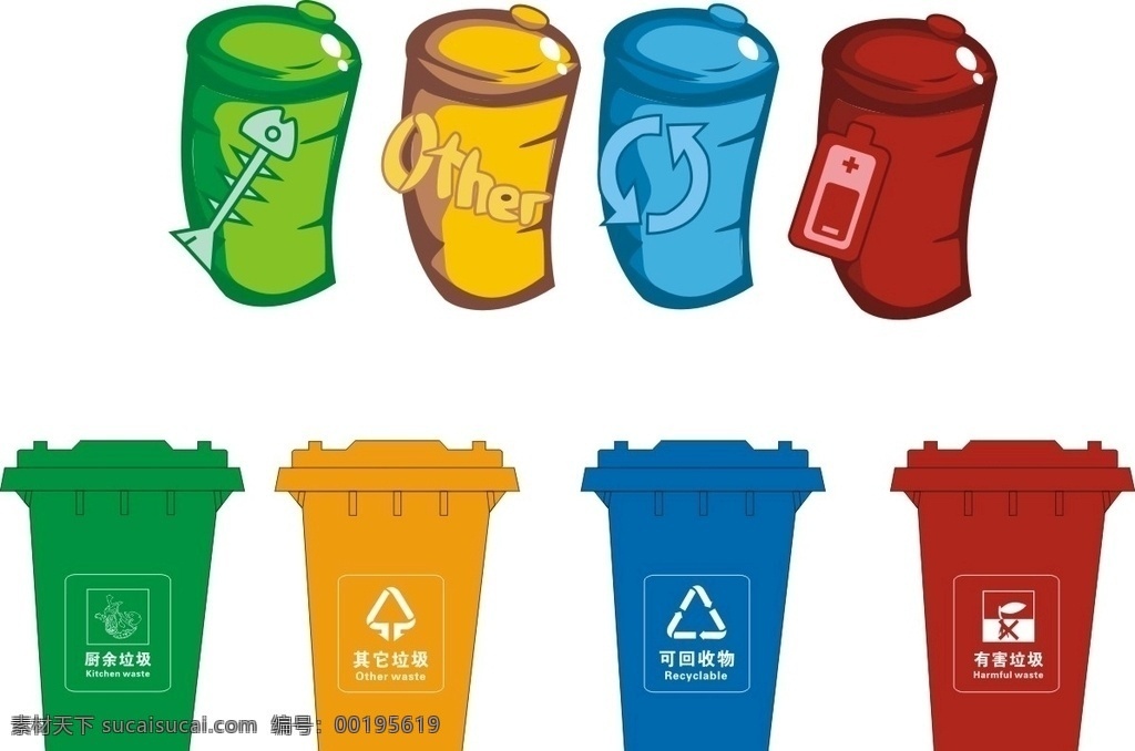 卡通 矢量 可爱 搞笑 矢量垃圾桶 垃圾筒 不可回收垃圾 厨余垃圾 有害垃圾 可回收垃圾 大型垃圾桶 环保 回收 绿色垃圾桶