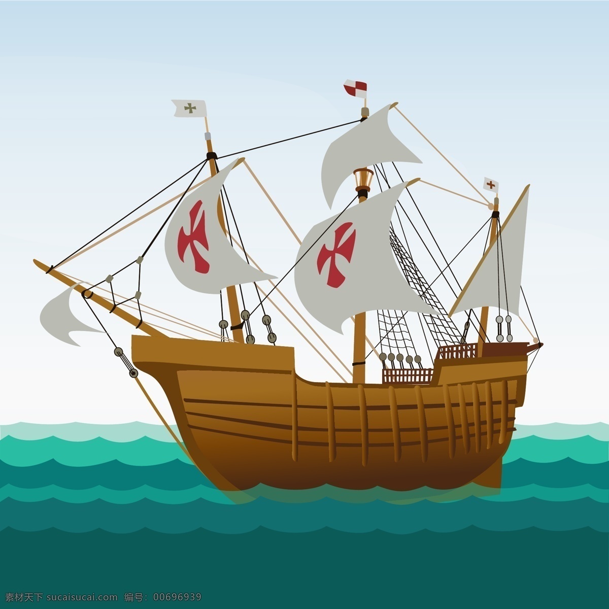 卡通 海盗船 背景 广告设计模板 ai素材 卡通素材 展板 海洋 航行 白色船帆 绿色海洋 木色船只