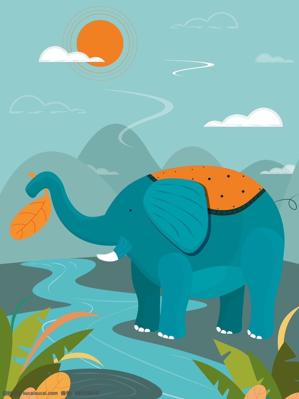 大象 自然 印记 植物 花草 太阳 原创 矢量 插画 蓝色 自然印记 矢量插画 云朵 河流