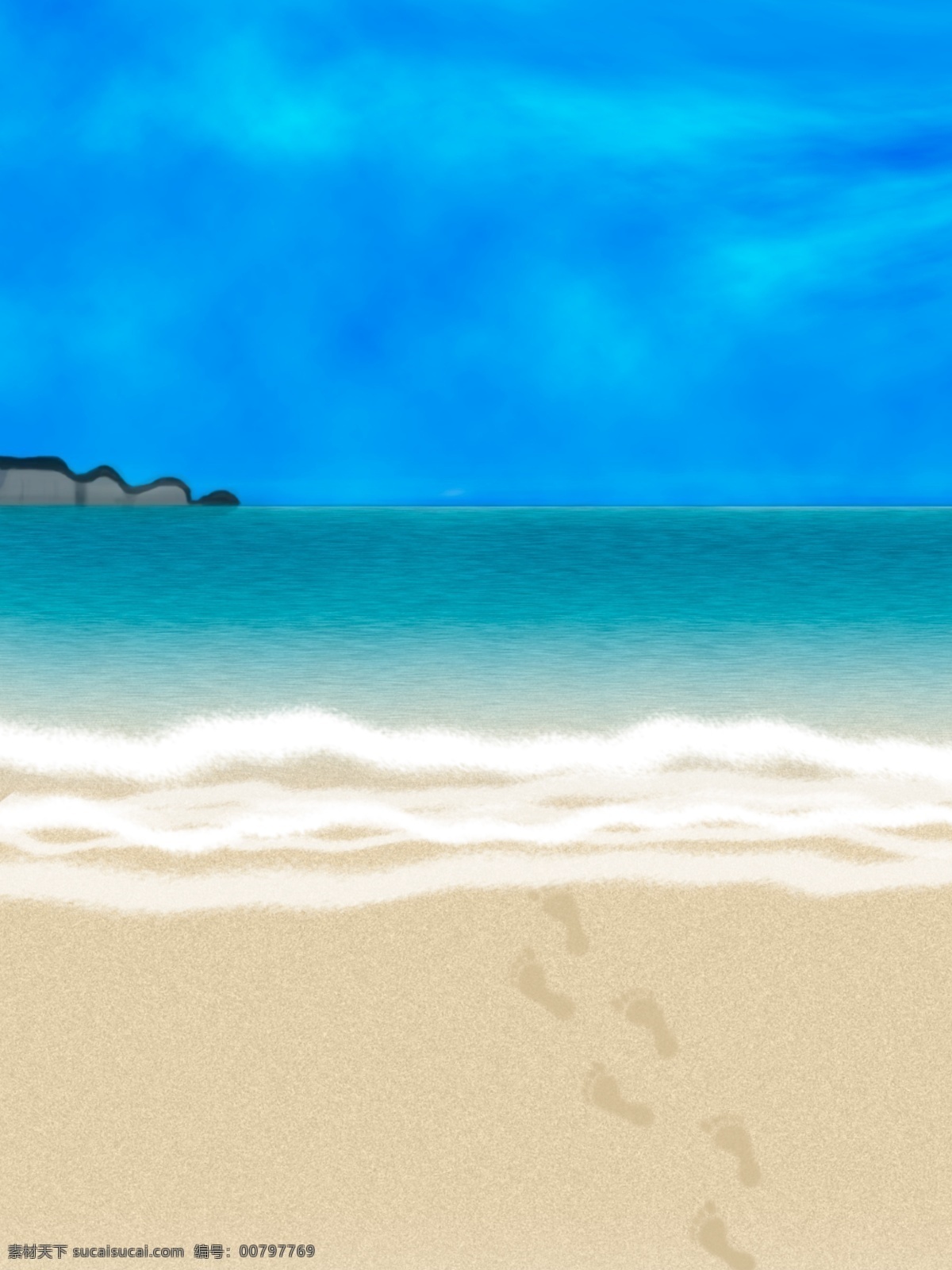 精品 写实 类 蓝天 白云 大海 沙滩 背景 蓝色 绿色 黄色 海边 度假 脚印