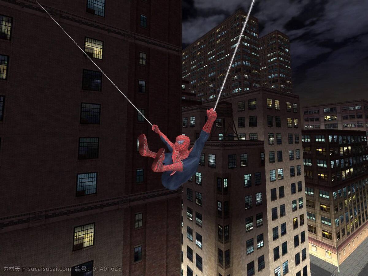 蜘蛛侠 天空 夜景 高楼 吊绳 动漫动画 动漫人物 三维 人物 设计图库