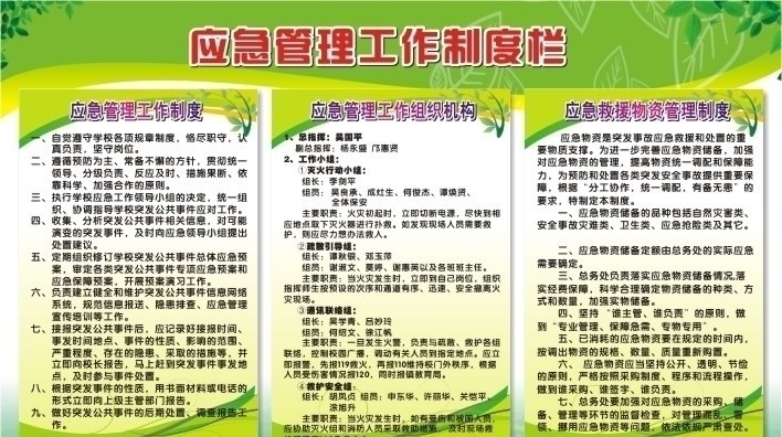 应急 管理工作 制度 栏 管理 工作制度栏 宣传栏 学校 紧急 疏散 组织 机构 救援 物质 物资 绿色模板 环保 清新 模板 树叶 矢量