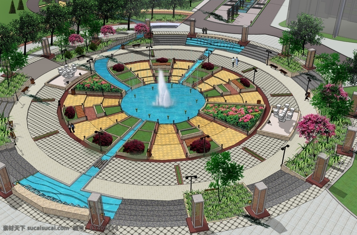 广场 景观 效果图 喷泉 鲜花 草地 树木 房屋 建筑物 环境设计 景观设计