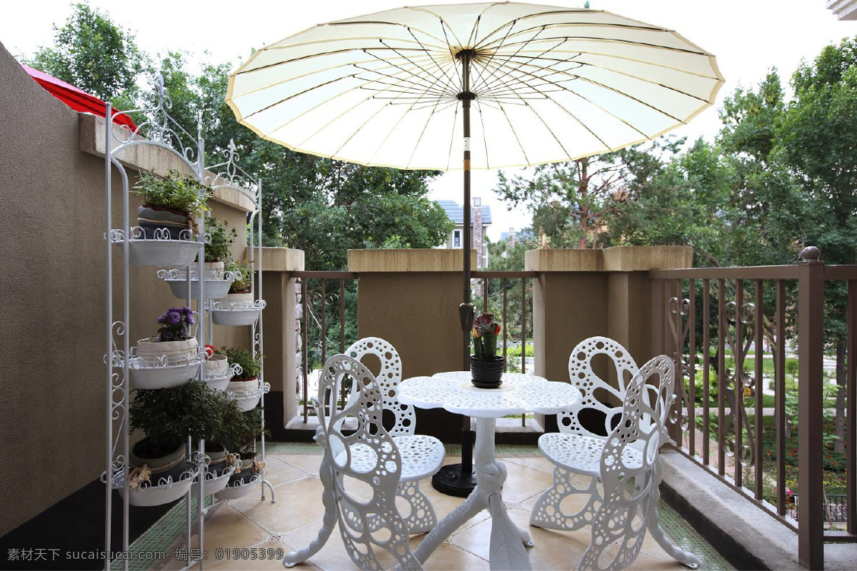 欧式 露天 阳台 效果图 欧式桌椅 白色桌椅 雨伞 花盆 盆栽