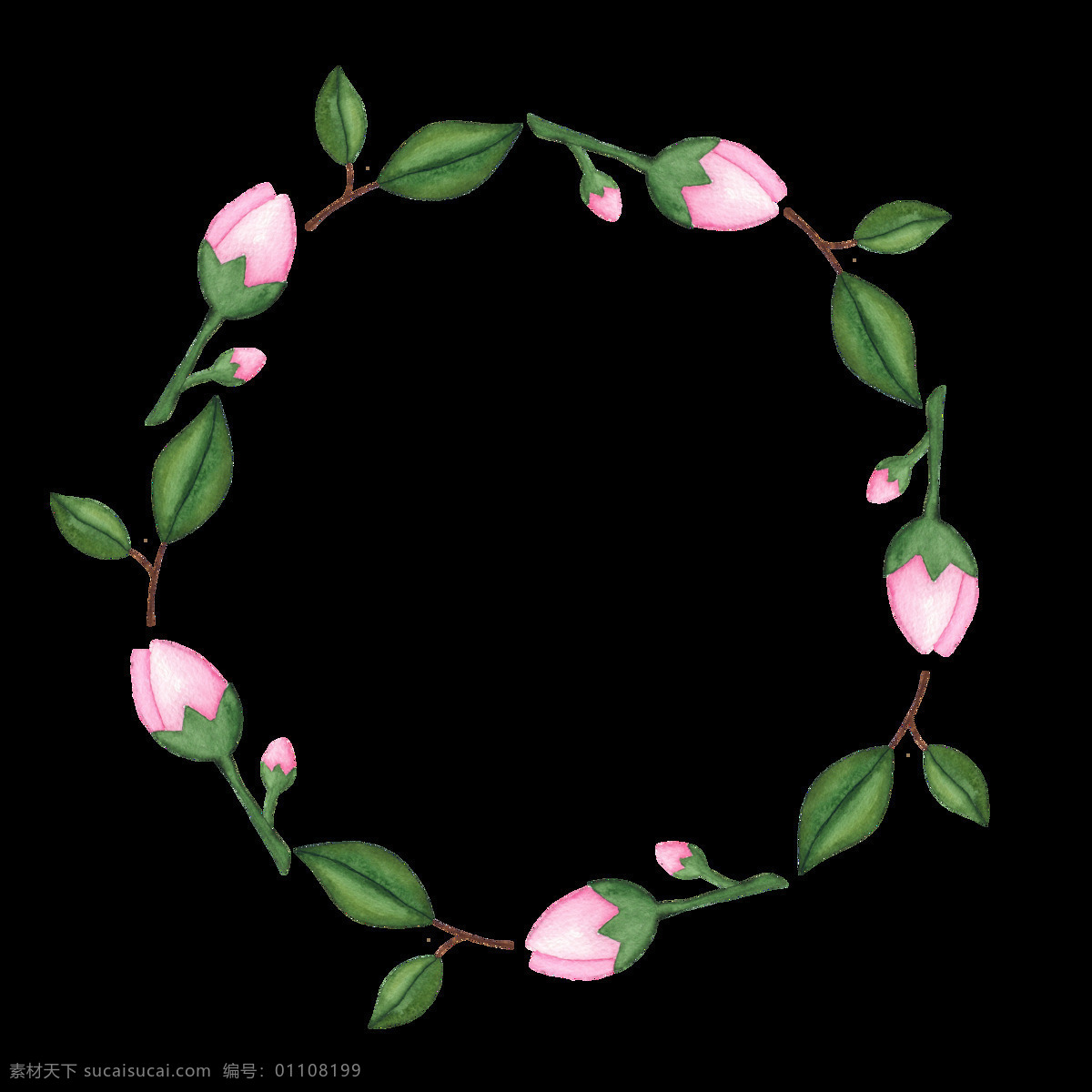 逼真 立体 绿色 免扣素材 手绘 水彩 透明素材 叶子 装饰图案 粉色 花苞 围城 花环 透明