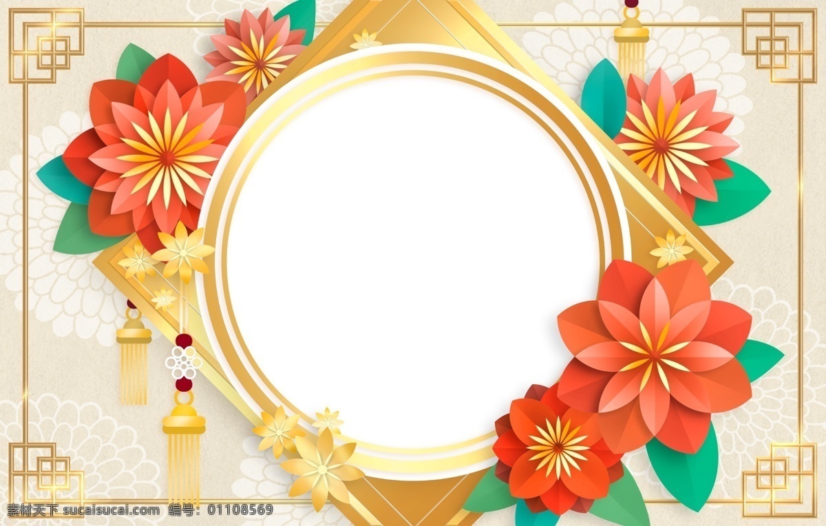 复古 风 华丽 花朵 新年 背景 中国结 艺术 花卉 中国风 手工花 复古风 古风素材 华丽背景 背景设计 花朵底纹 新年素材