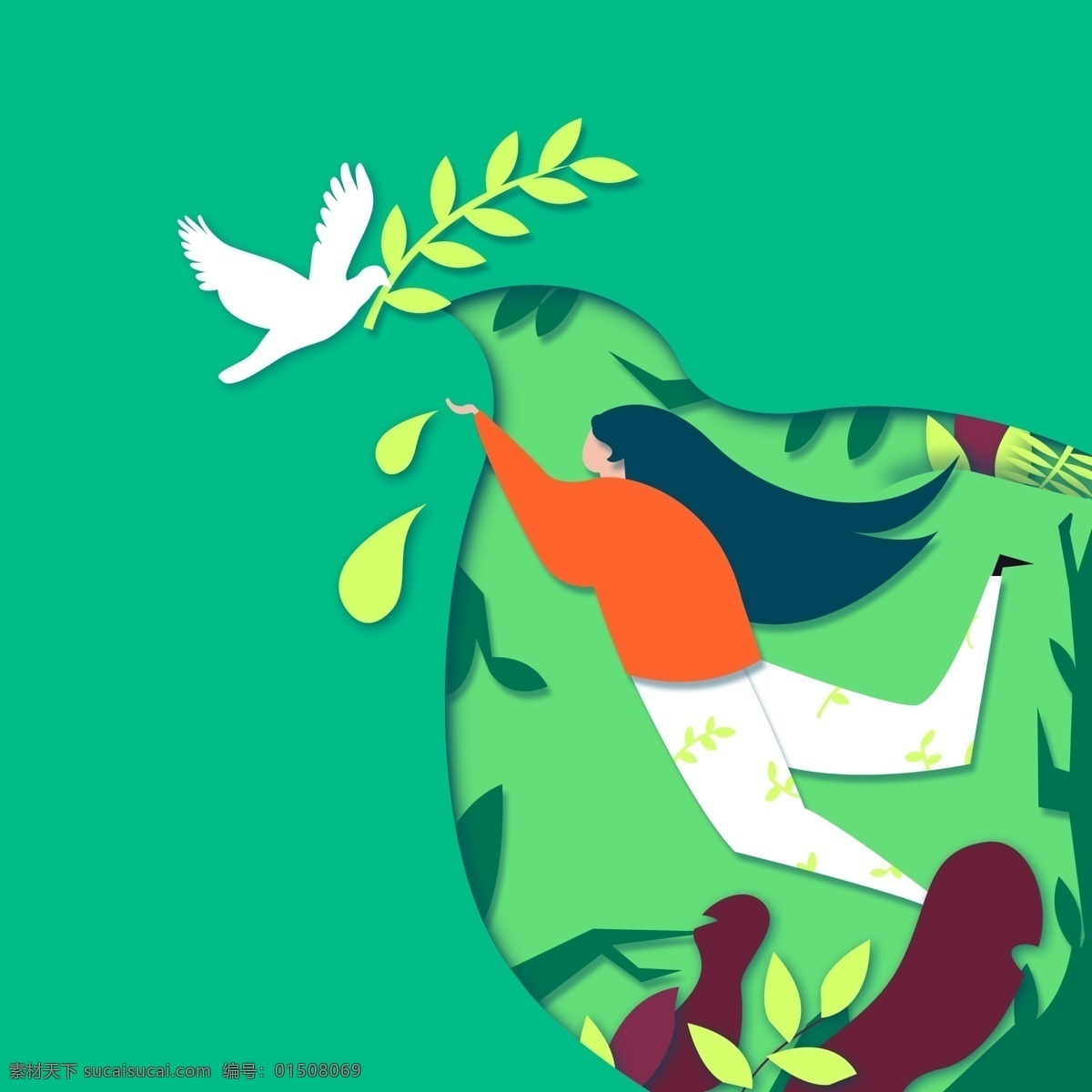 世界 平日 和平鸽 橄榄枝 手绘 剪纸 矢量 鸽子 绿色 世界和平日 和平