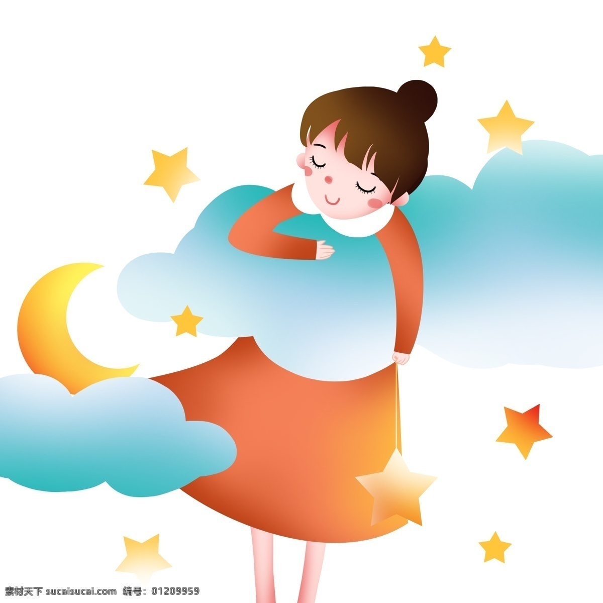 抱 云朵 睡觉 小女孩 世界 睡眠 日 插画 抱着云朵睡觉 睡觉的小女孩 黄色的月亮 黄色的星星 卡通人物