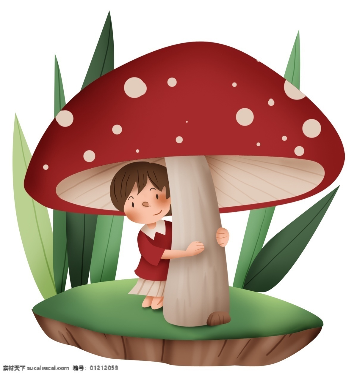 蘑菇 卡通 人物 躲雨 小岛 树叶 卡通元素 分层