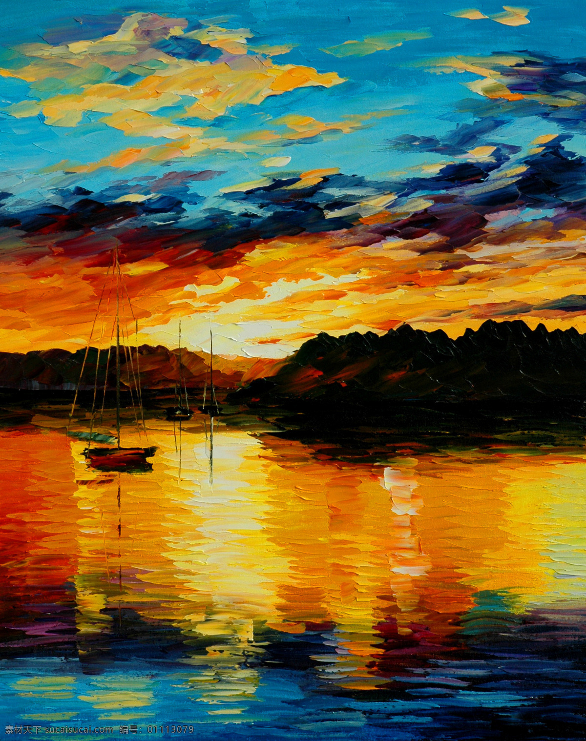夕阳海港 油画