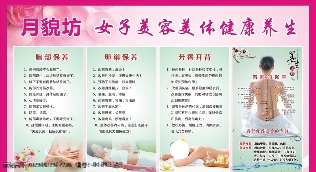 女子 美容美体 健康 养生 美容 美体 胸部保养 卵巢保养 芳香开背 养生之道 肾部的保养 浅色背景 粉色背景 展板模板