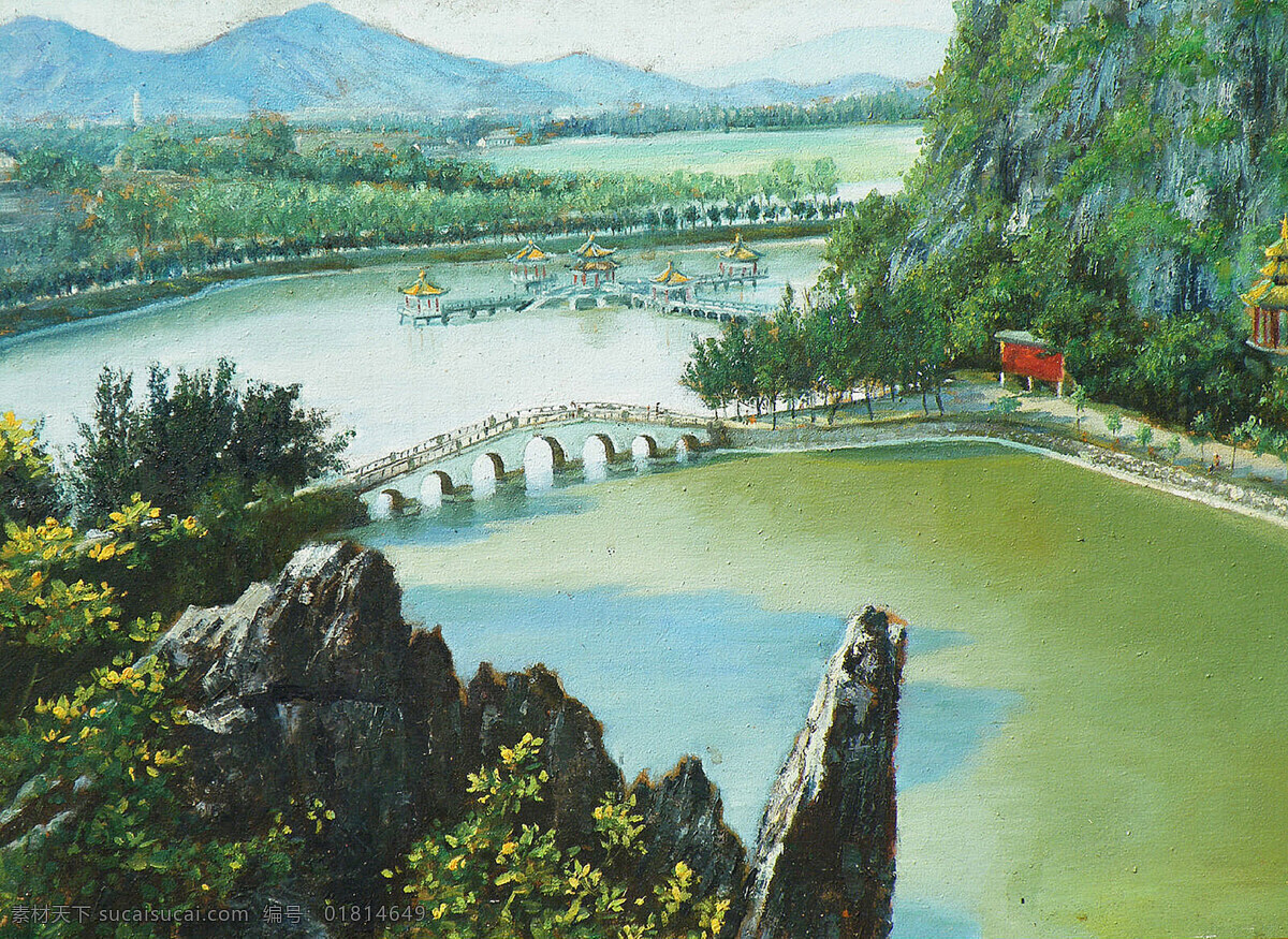 风景画 公园 拱桥 湖 花草 绘画书法 凉亭 美术 公园一角 油画 现代油画 树木 山石 天空 油画艺术 油画作品10 文化艺术 家居装饰素材