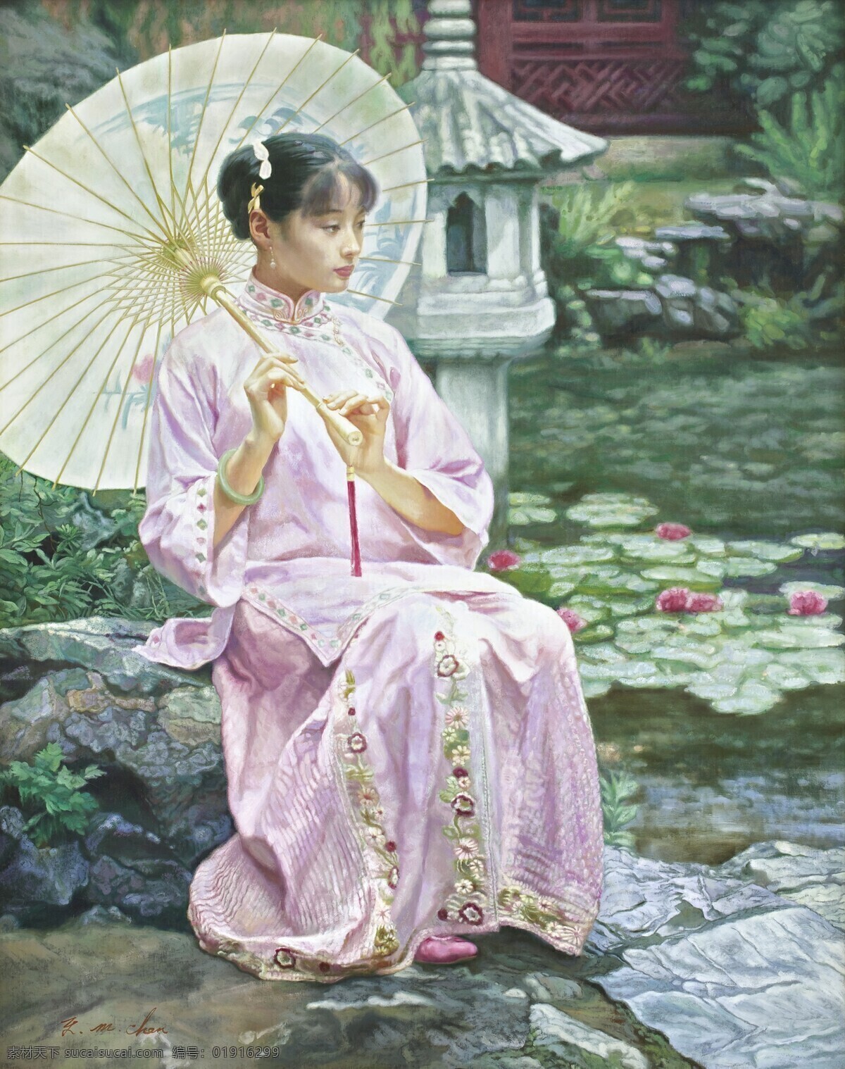 撑伞的姑娘 姑娘 岩石 池塘 荷花 中国现代艺术 油画 绘画书法 文化艺术