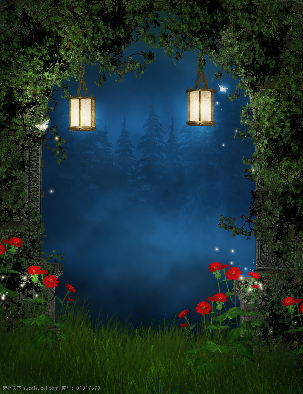 梦幻 自然 童话 唯美 大自然 草地 朦胧 夜空 鲜花 路灯 山水风景 风景图片
