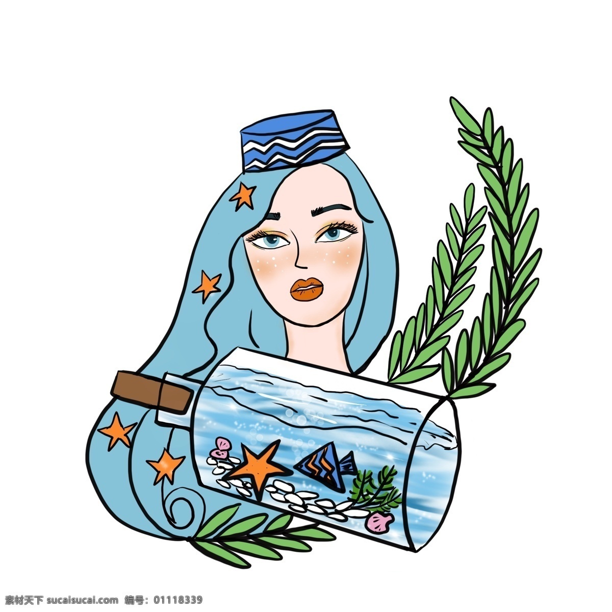 十二星座 水瓶 座 女孩 原创 元素 手绘 蓝色 星星 创意 植物 水瓶座 鱼 海草 海星