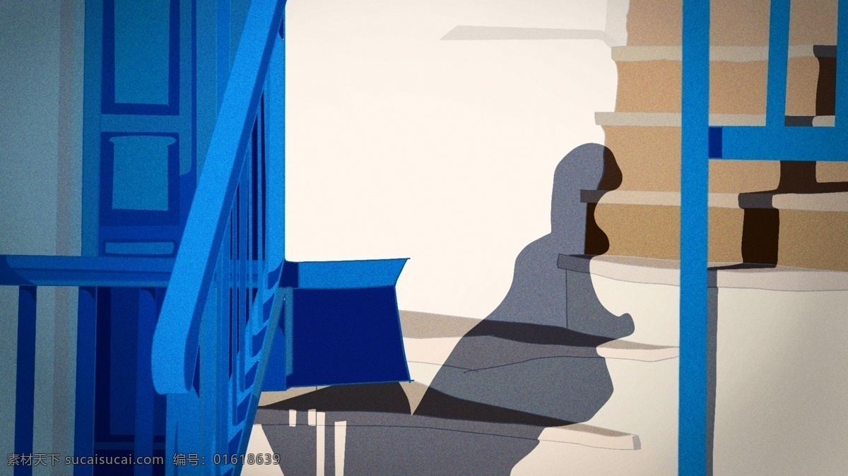 唯美 台阶 上 影子 背景 背景素材 广告背景 蓝色门 蓝色护栏