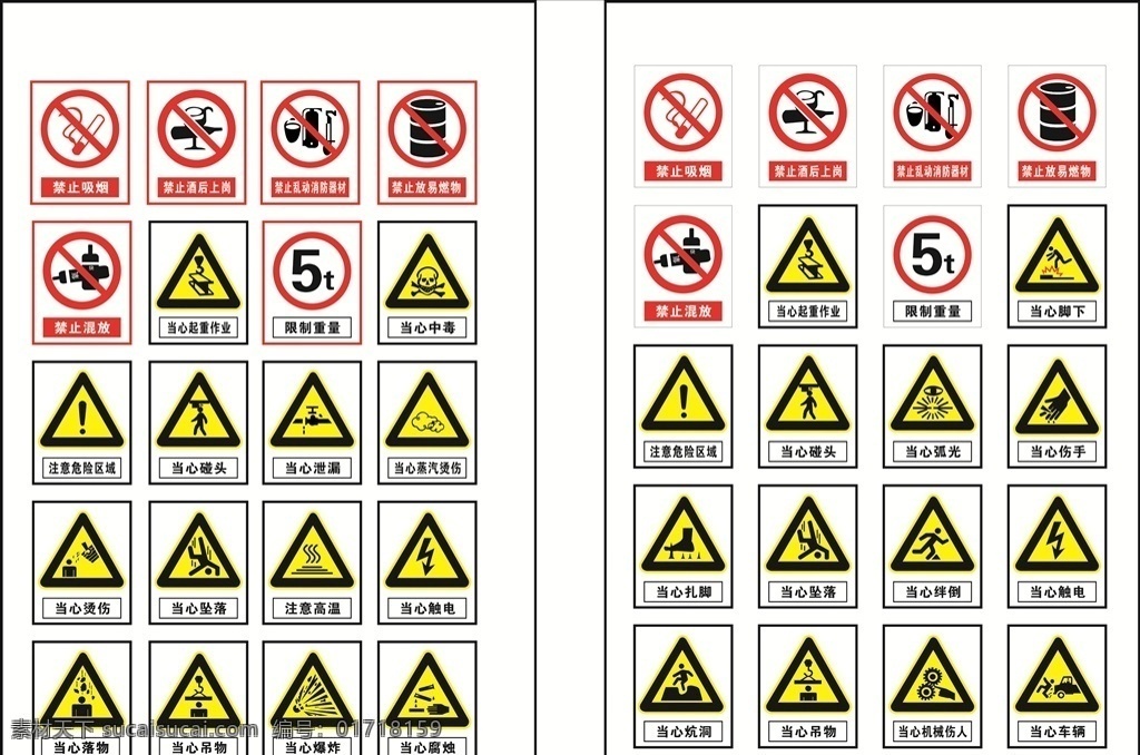 警示标志 安全标识 禁止标识 禁止吸烟 酒后上岗 小心中毒 当心触电 腐蚀 爆炸 限制重量 禁止混放 当心脚下 落物 标志图标 公共标识标志