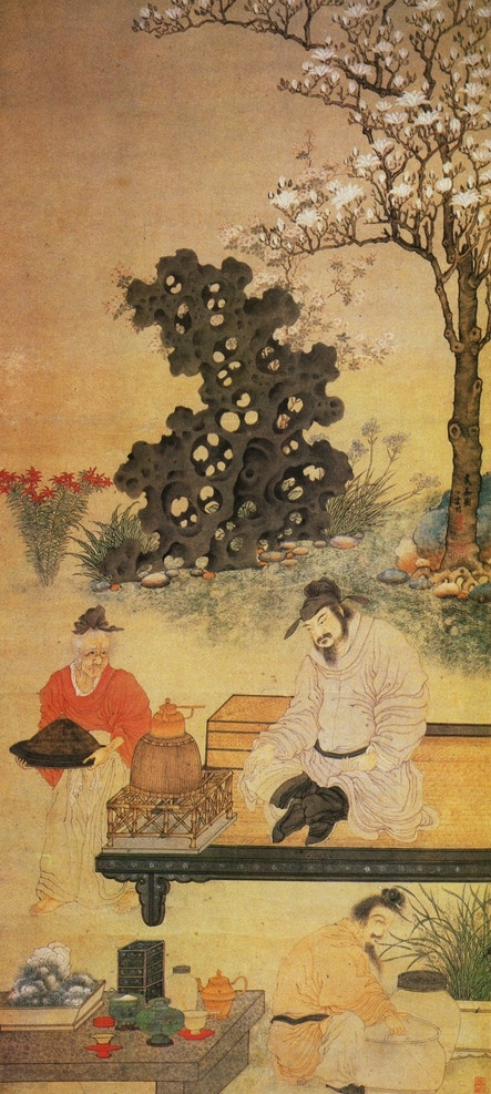 品茶图 煮茶 古画 古典绘画 传统 中国画 传世名画 古典 人物 玉兰 玉兰花 奇石 茶几 书案 中国古典绘画 绘画书法 文化艺术