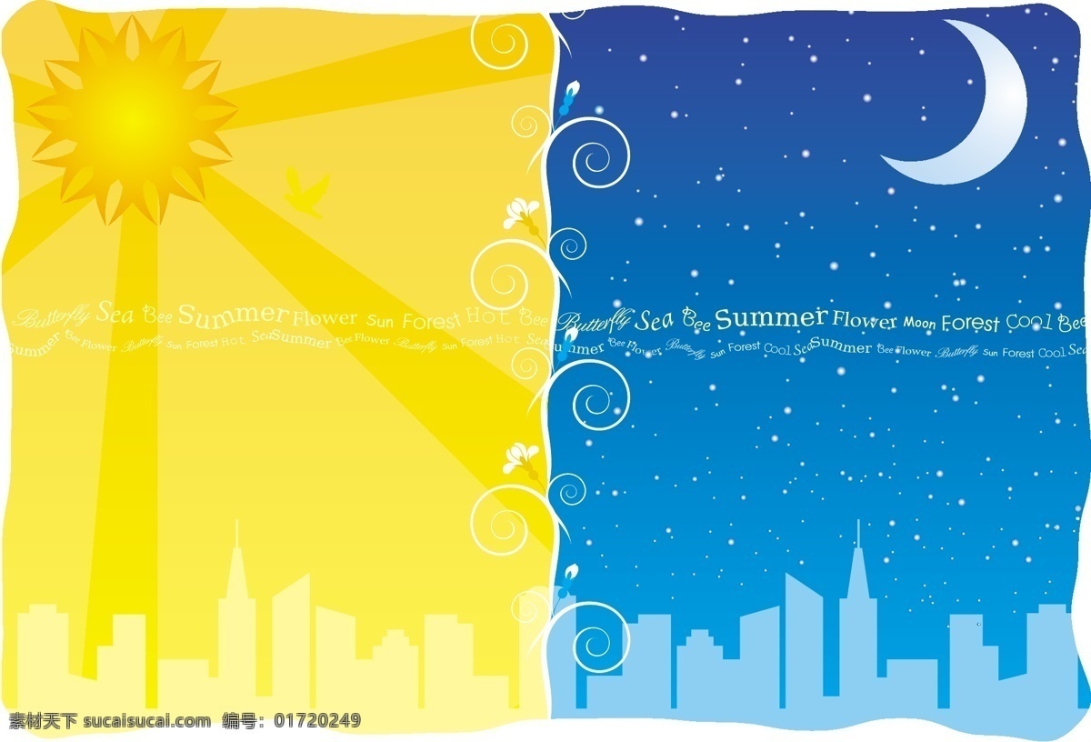 日 夜 矢量 白天 黑夜 夜晚 太阳 月亮 星星 夜空 城市 底纹背景 底纹边框