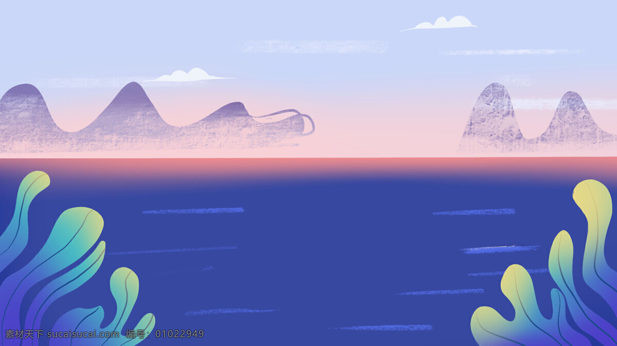 蓝色 海洋 海岸 卡通 背景 远山 绿叶