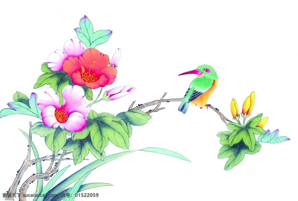 彩绘 枝头 鸟 鲜花 小鸟素材 文化艺术
