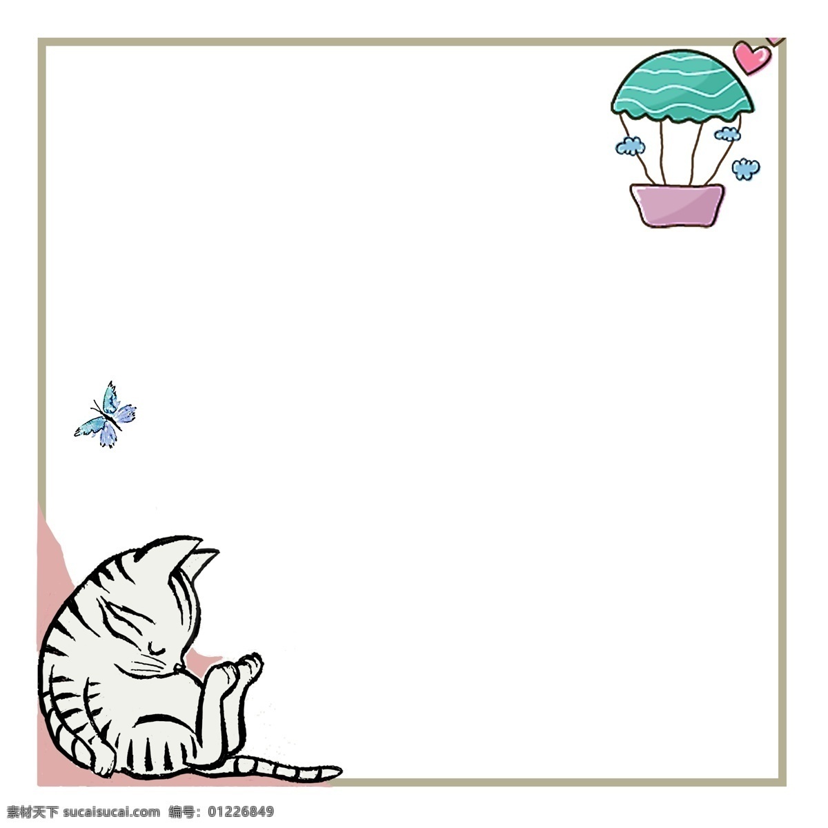 小 动物 装饰 边框 插画 白色的小猫 蓝色的蝴蝶 绿色的热气球 粉色心形 正方形边框 马卡龙装饰 小猫装饰