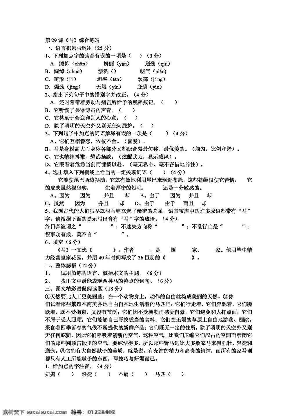 语文 人教 版 课 马 综合 练习 新 标 七 年级 下 人教版 试题试卷
