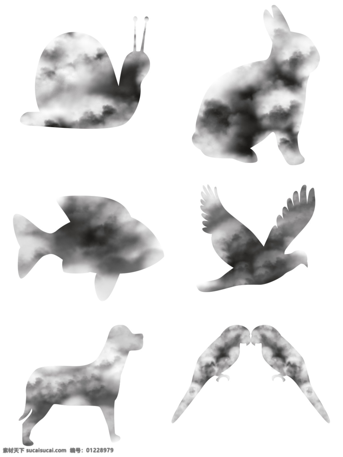 手绘 水墨 动物 云朵 乌云 透明 底 商用 云 蜗牛 鹦鹉 兔子 动物云 鱼 鹰 狗