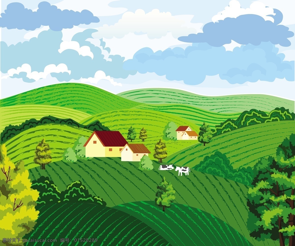 绿色 农场 矢量 房子 植物 牛 矢量素材 种植 奶牛