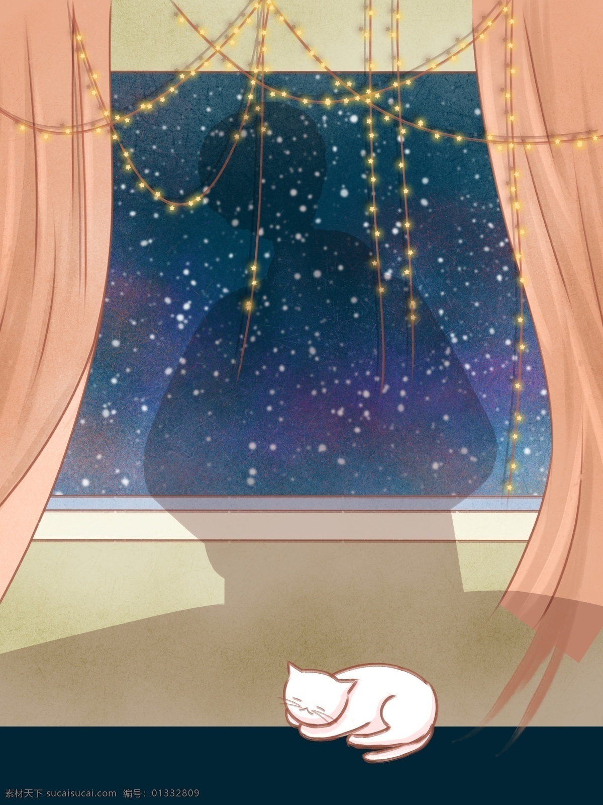 彩绘 冬季 彩灯 家居 小猫 背景 星空 窗户 广告背景 彩绘背景 特邀背景 促销背景 背景展板图 背景图